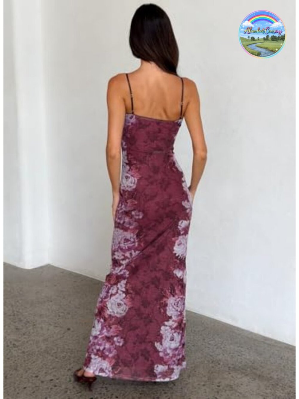 Women Vintage Spaghetti Strap Satin Maxi Dress Backless Floral Slip Bodycon - Picture 2 of 6